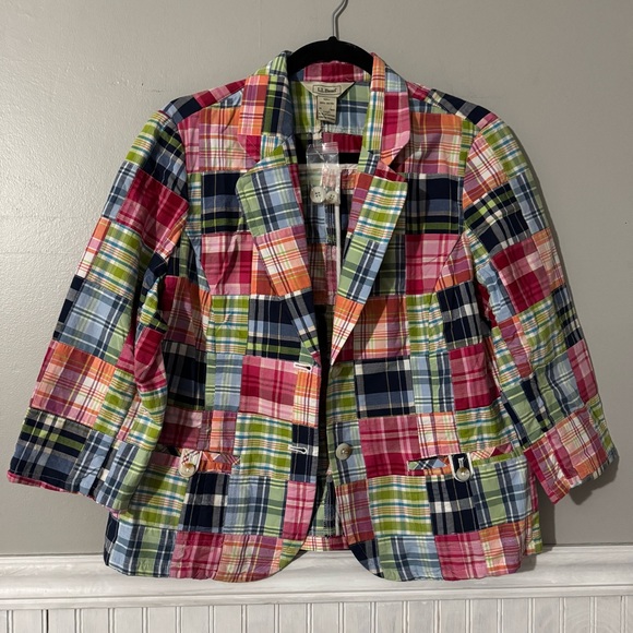 L.L. Bean Jackets & Blazers - Vintage LL Bean Short Blazer Jacket Madras Plaid Patchwork Women’s size 14 NWOT